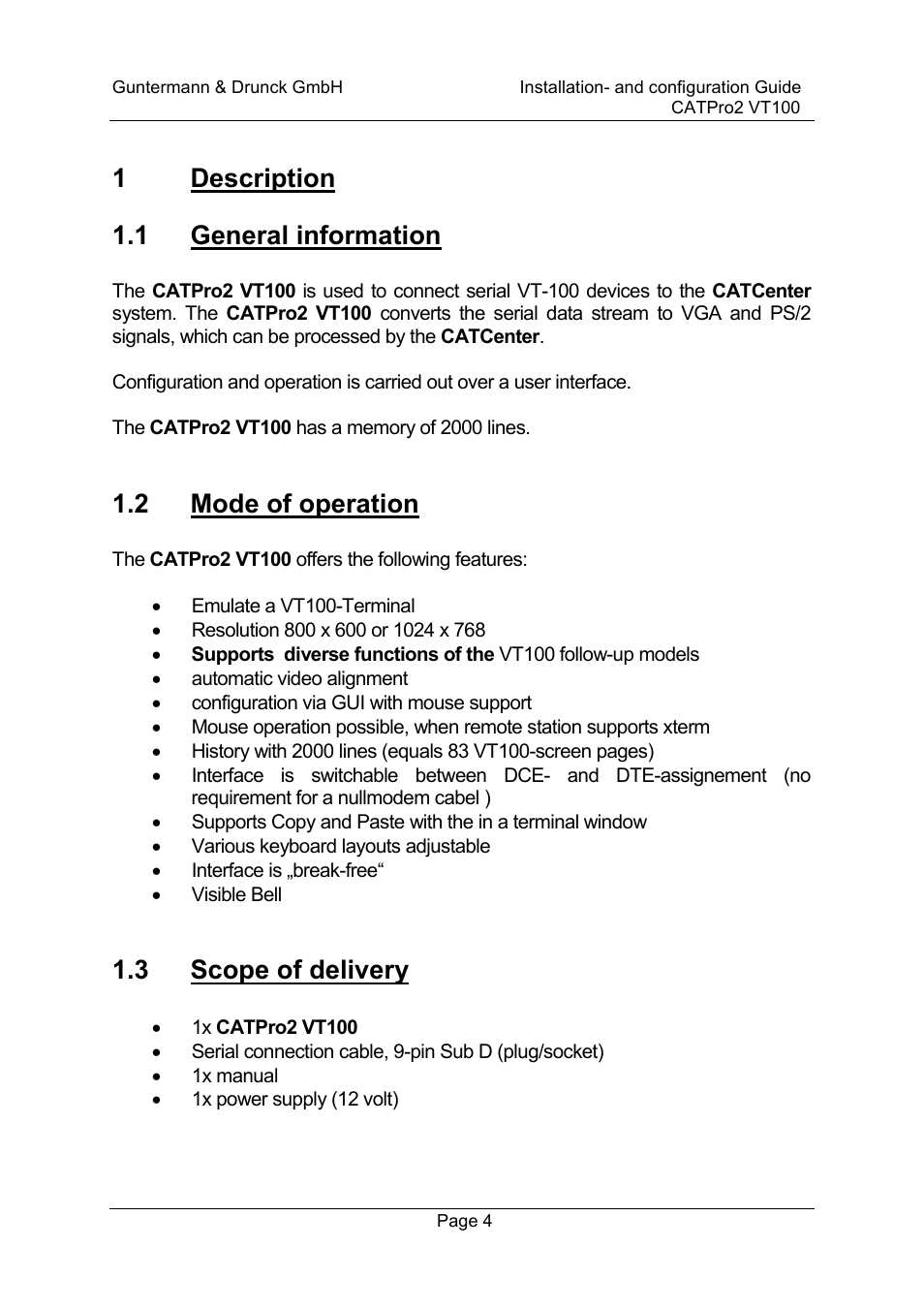 1 description 1.1 general information, 2 mode of operation, 3 scope of delivery | Guntermann & Drunck CATpro2-VT100 User Manual | Page 4 / 20