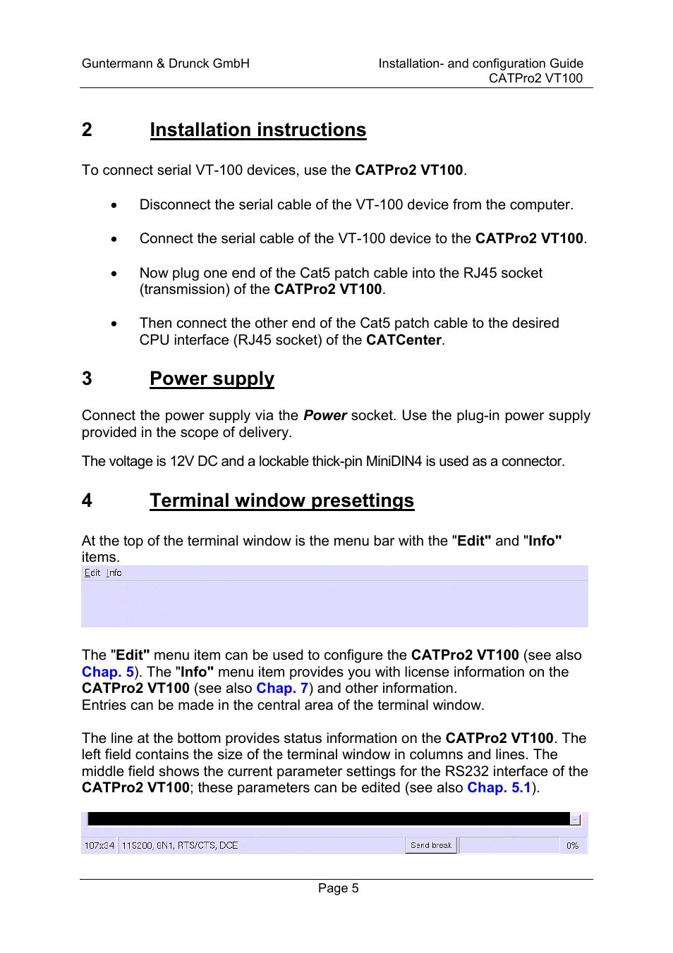 2 installation instructions, 3 power supply, 4 terminal window presettings | Guntermann & Drunck CATpro2-VT100 User Manual | Page 5 / 20