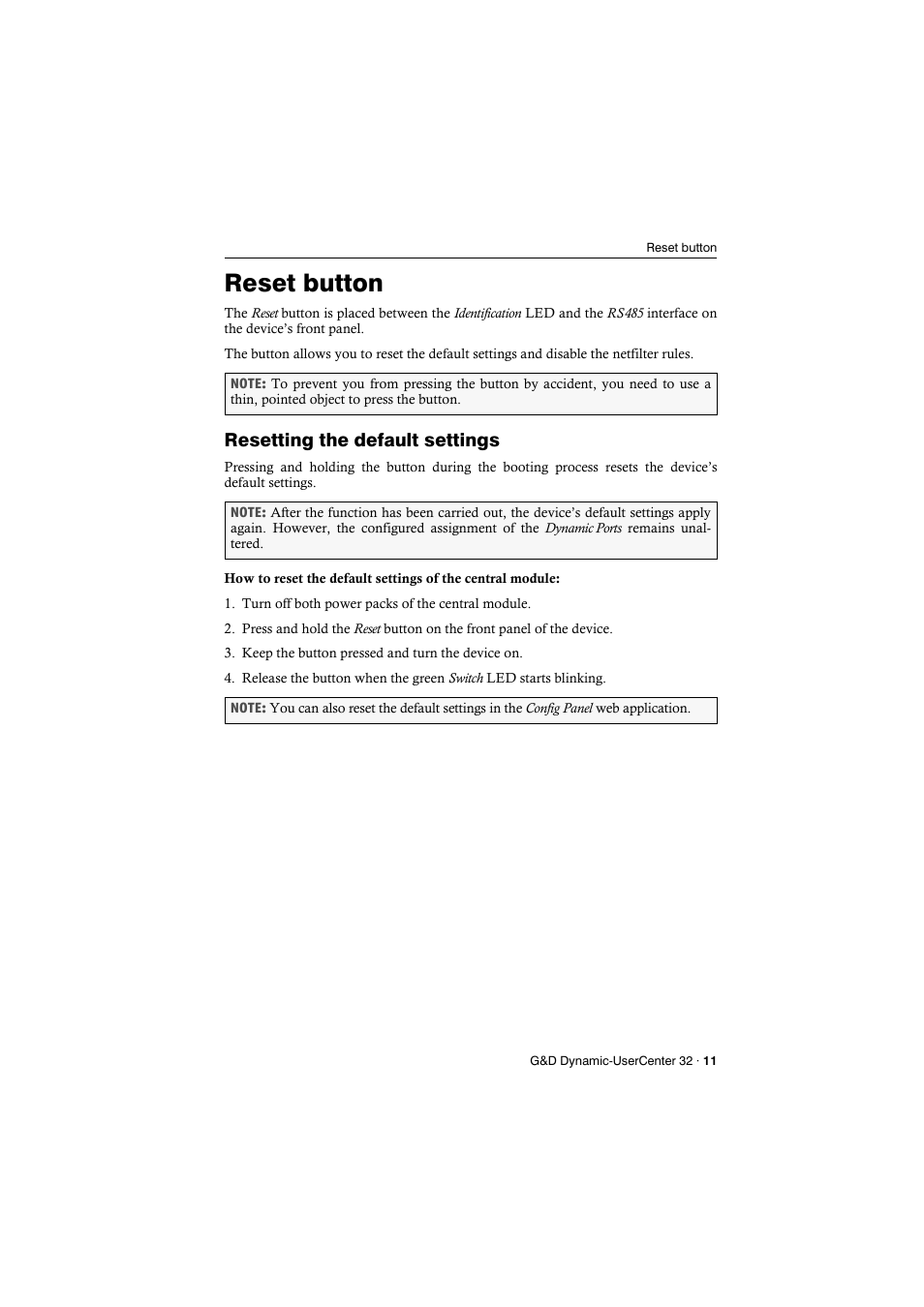 Reset button, Resetting the default settings | Guntermann & Drunck Dynamic-UserCenter 32 Installation User Manual | Page 13 / 20