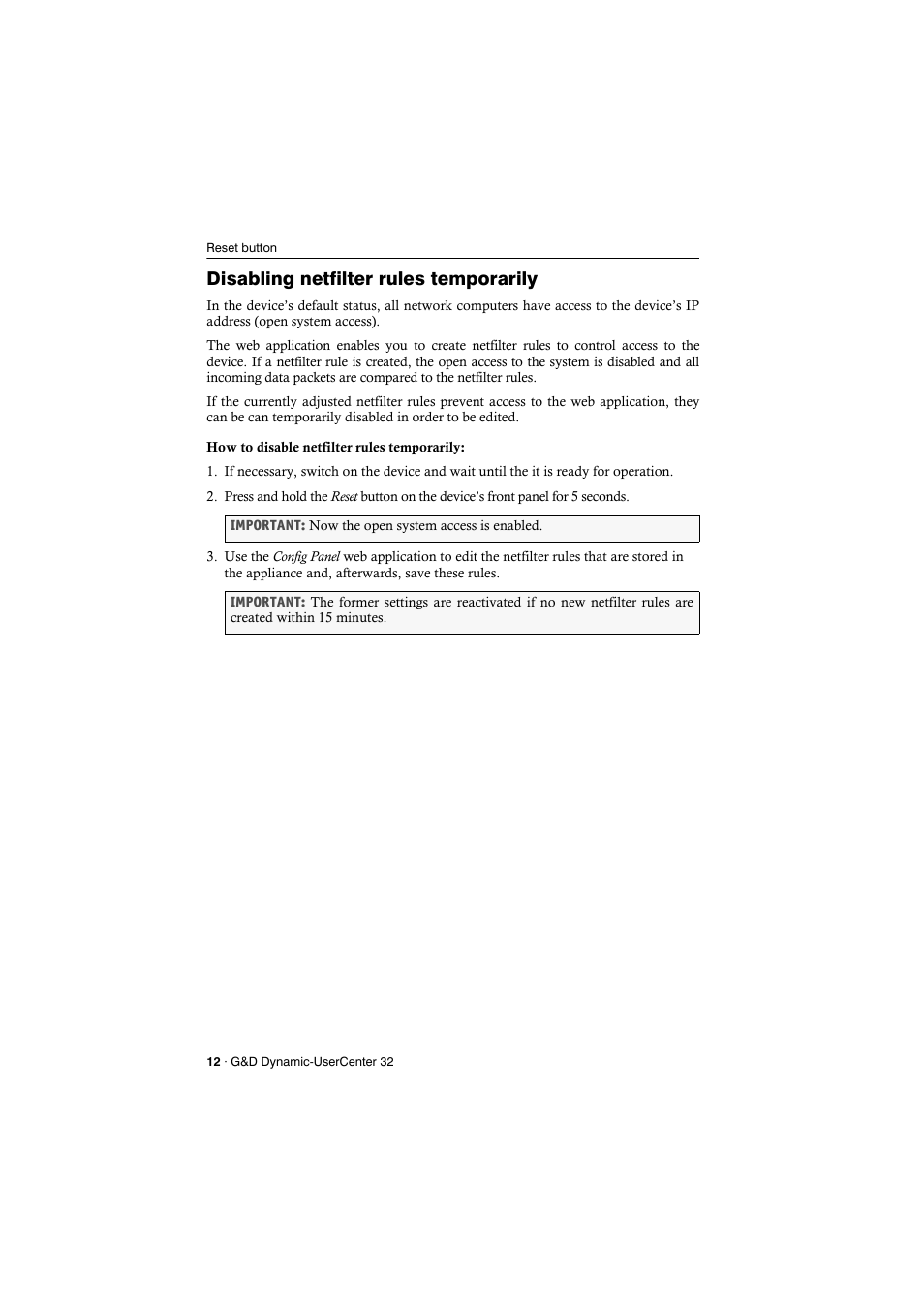 Disabling netfilter rules temporarily | Guntermann & Drunck Dynamic-UserCenter 32 Installation User Manual | Page 14 / 20