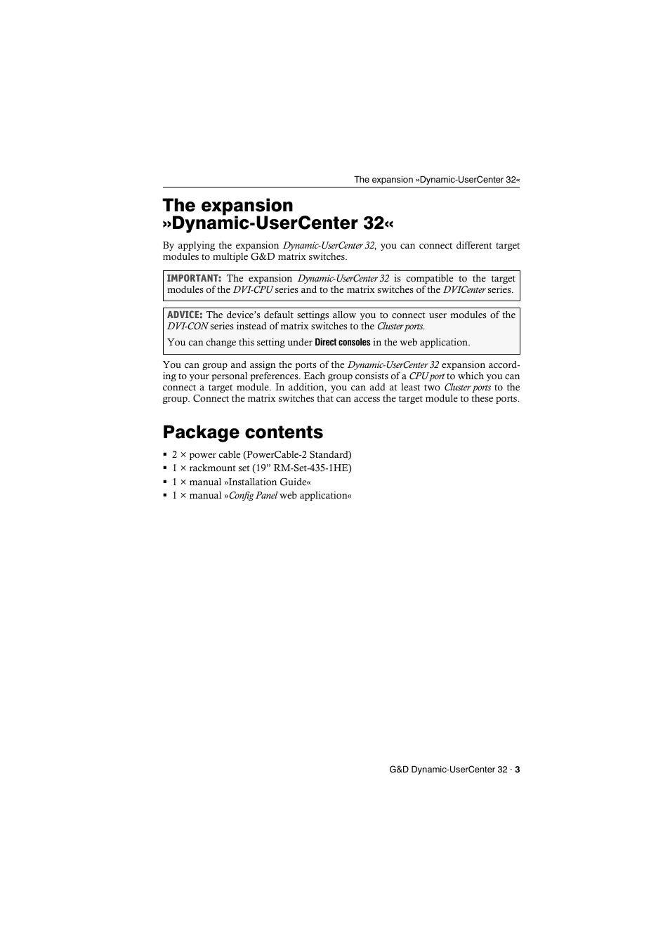 The expansion »dynamic-usercenter 32, Package contents | Guntermann & Drunck Dynamic-UserCenter 32 Installation User Manual | Page 5 / 20