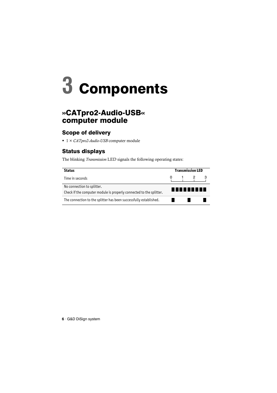 Catpro2-audio-usb« computer module, Scope of delivery, Status displays | Scope of delivery status displays, Chapter 3: components, Components | Guntermann & Drunck DiSign-System User Manual | Page 10 / 24