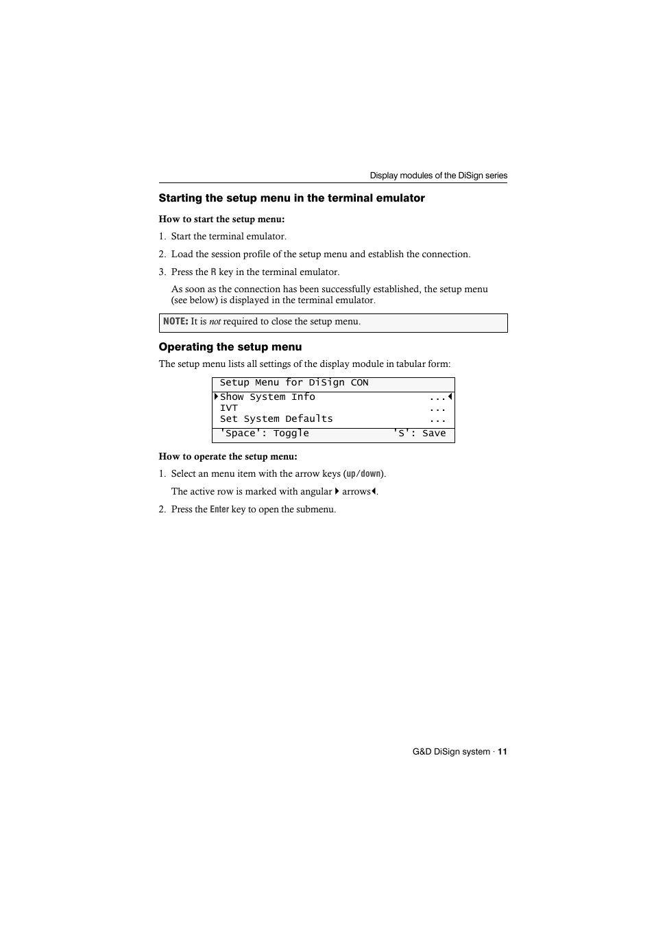 Starting the setup menu in the terminal emulator, Operating the setup menu | Guntermann & Drunck DiSign-System User Manual | Page 15 / 24