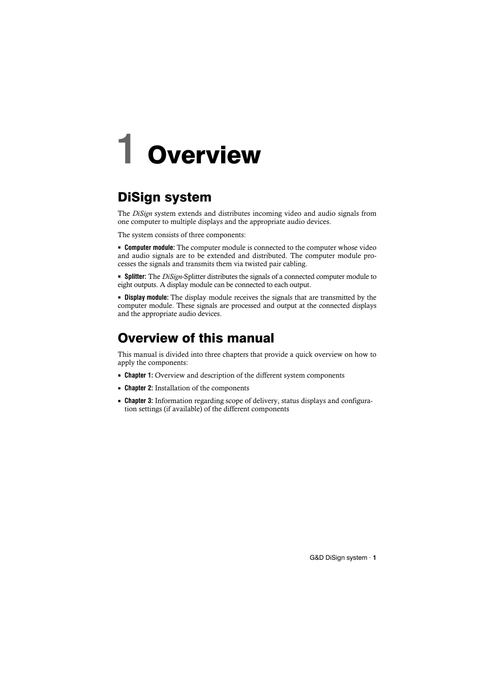 Disign system, Overview of this manual, Chapter 1: overview | Overview | Guntermann & Drunck DiSign-System User Manual | Page 5 / 24