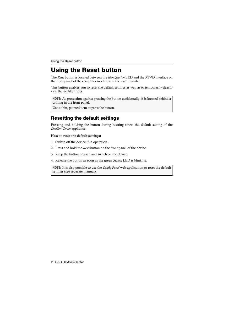 Using the reset button, Resetting the default settings | Guntermann & Drunck DevCon-Center Installation User Manual | Page 10 / 16