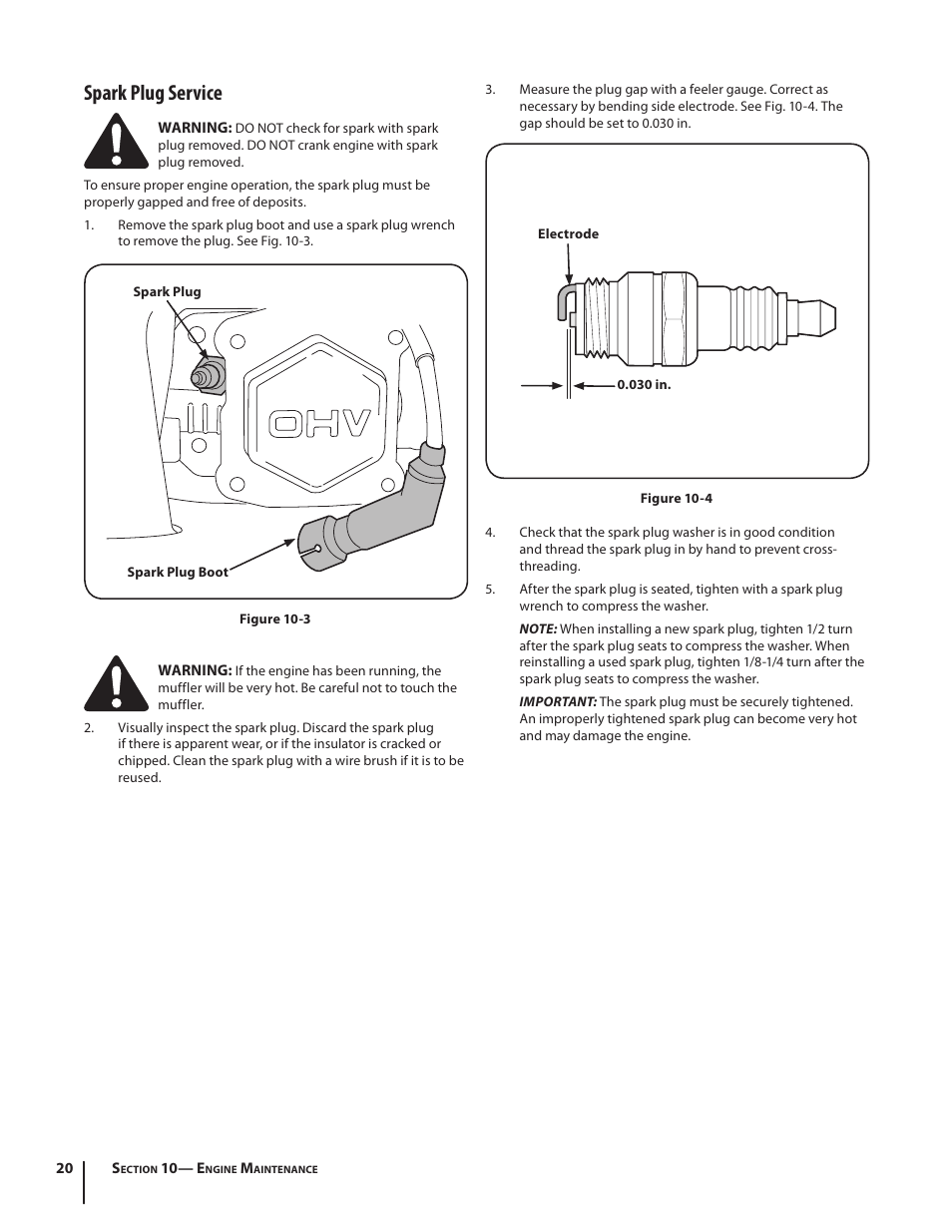 Spark plug service | Cub Cadet 10M User Manual | Page 20 / 32