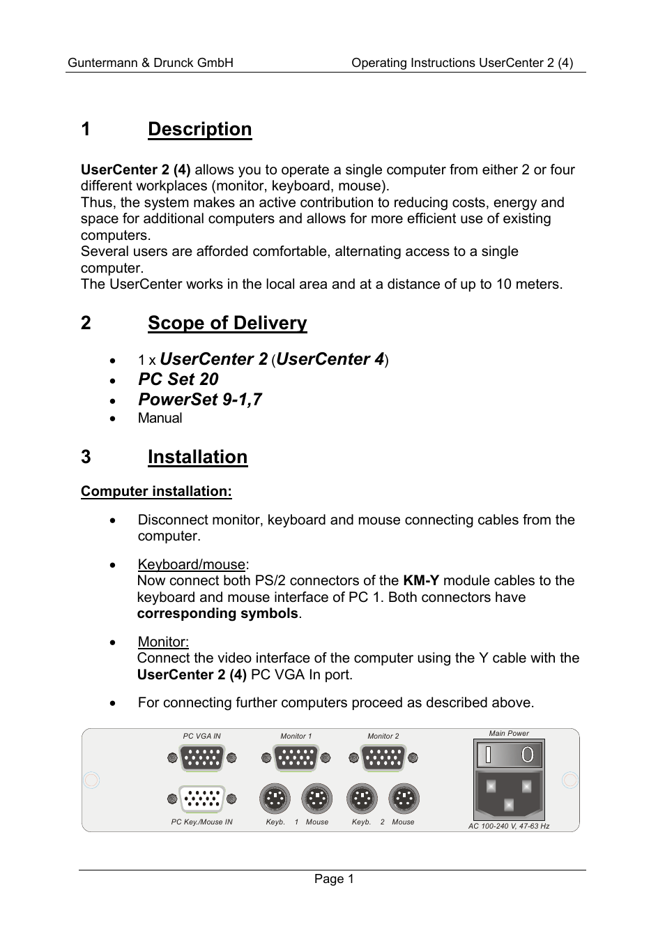 1 description, 2scope of delivery, 3 installation | Usercenter 2, Usercenter 4, Pc set 20, Powerset 9-1,7 | Guntermann & Drunck UserCenter2/4 User Manual | Page 4 / 20