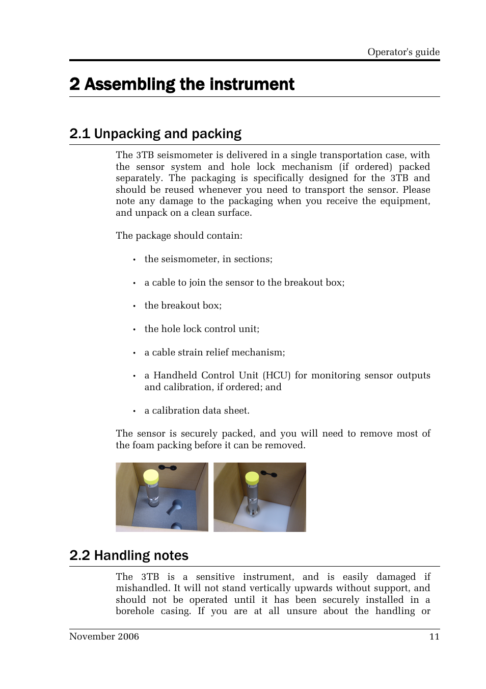 2 assembling the instrument, 1 unpacking and packing, 2 handling notes | Guralp Systems CMG-3TB User Manual | Page 11 / 78