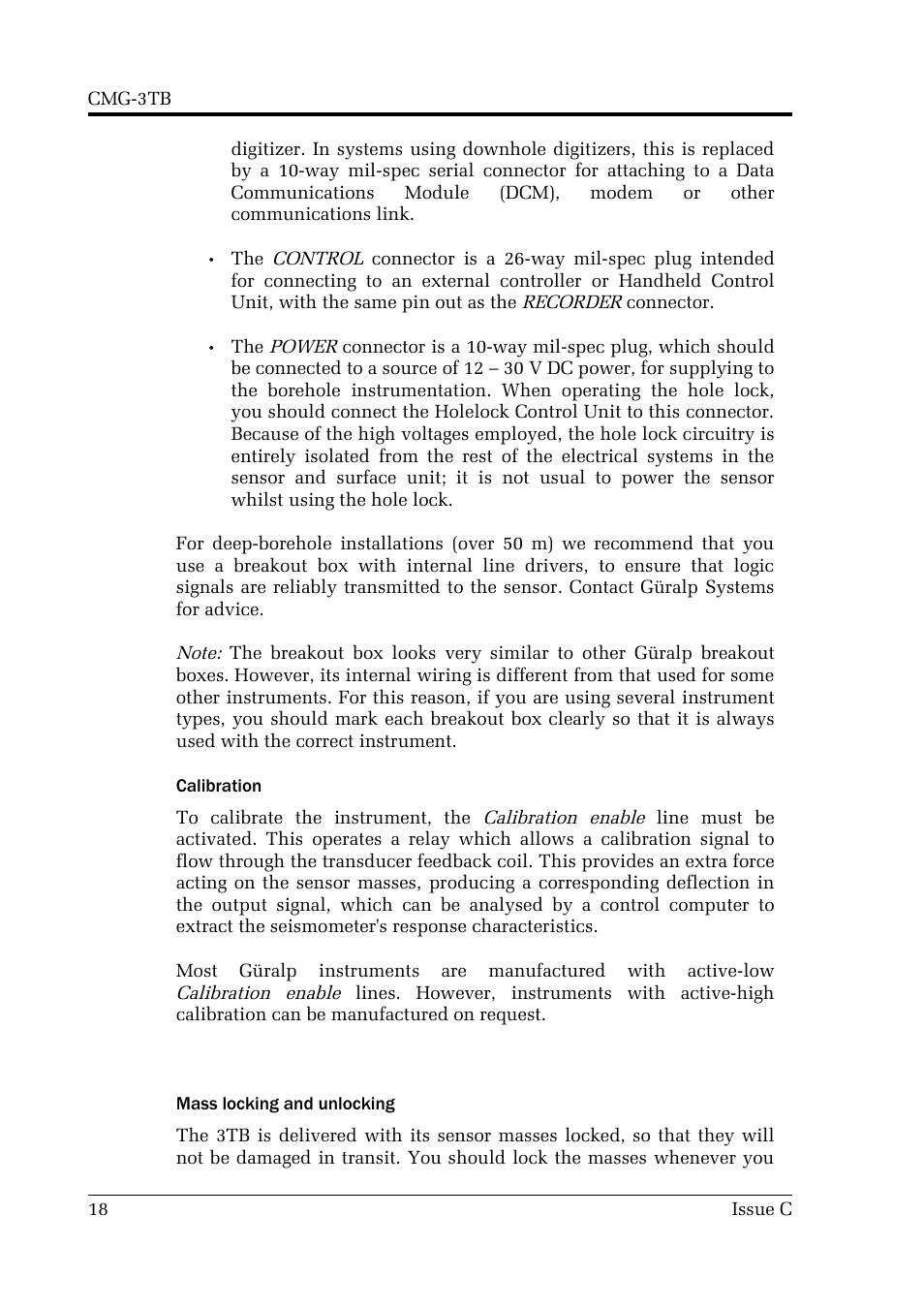 Calibration, Mass locking and unlocking | Guralp Systems CMG-3TB User Manual | Page 18 / 78