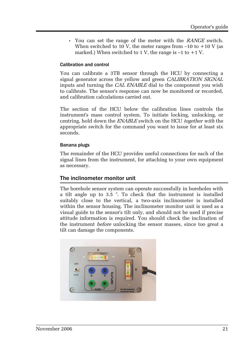 Calibration and control, Banana plugs, The inclinometer monitor unit | Guralp Systems CMG-3TB User Manual | Page 21 / 78