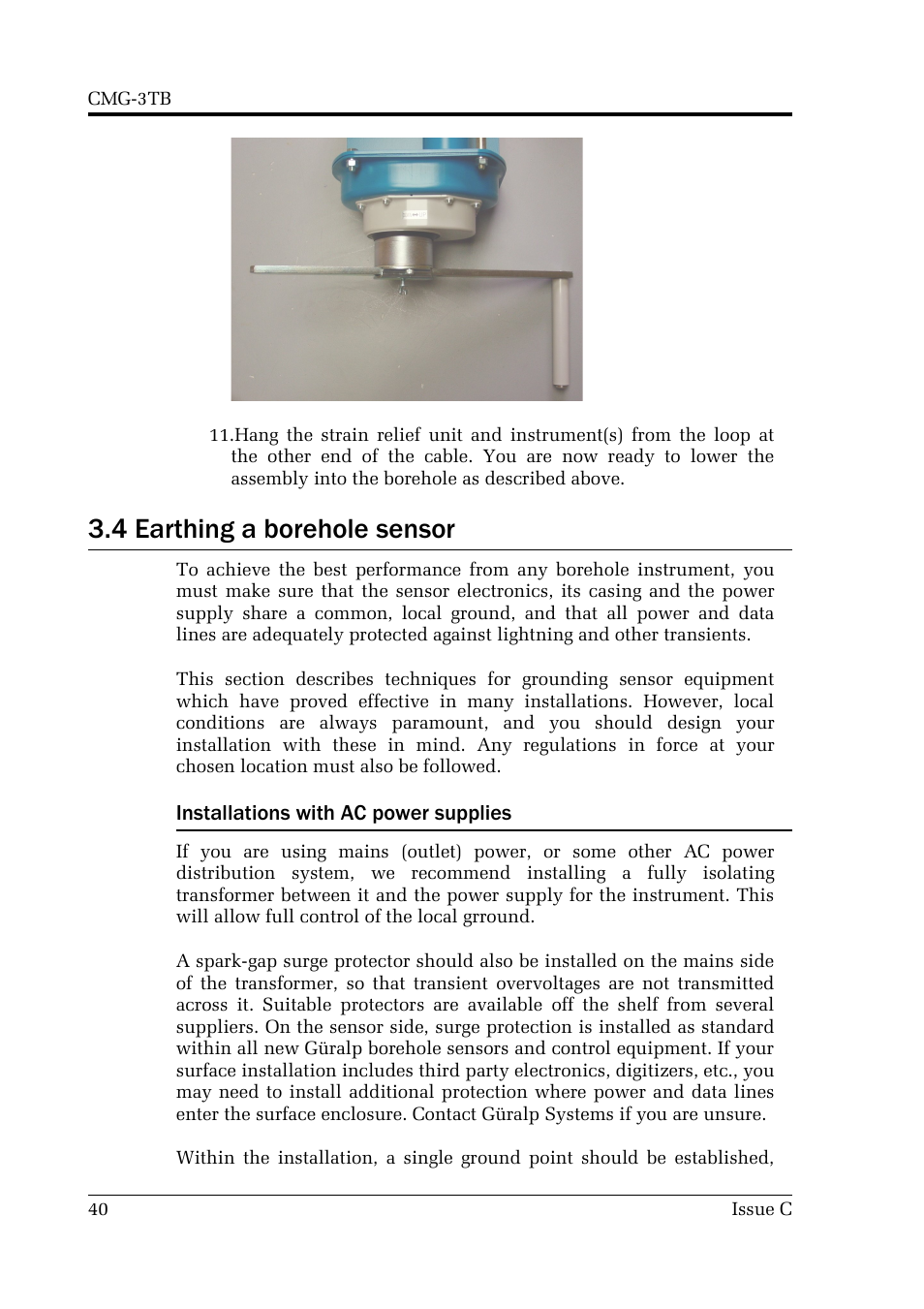 4 earthing a borehole sensor, Installations with ac power supplies | Guralp Systems CMG-3TB User Manual | Page 40 / 78