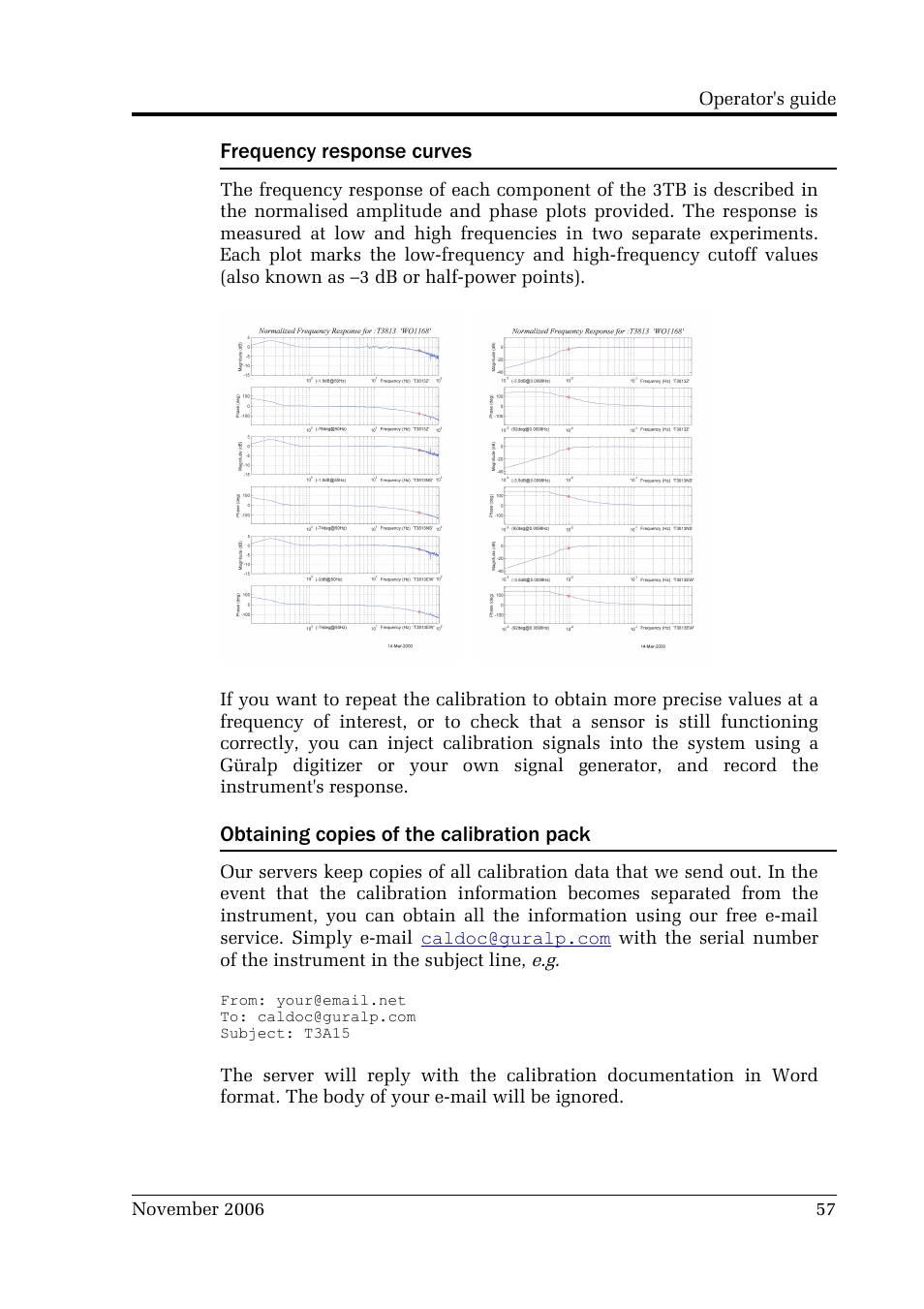 Frequency response curves, Obtaining copies of the calibration pack | Guralp Systems CMG-3TB User Manual | Page 57 / 78