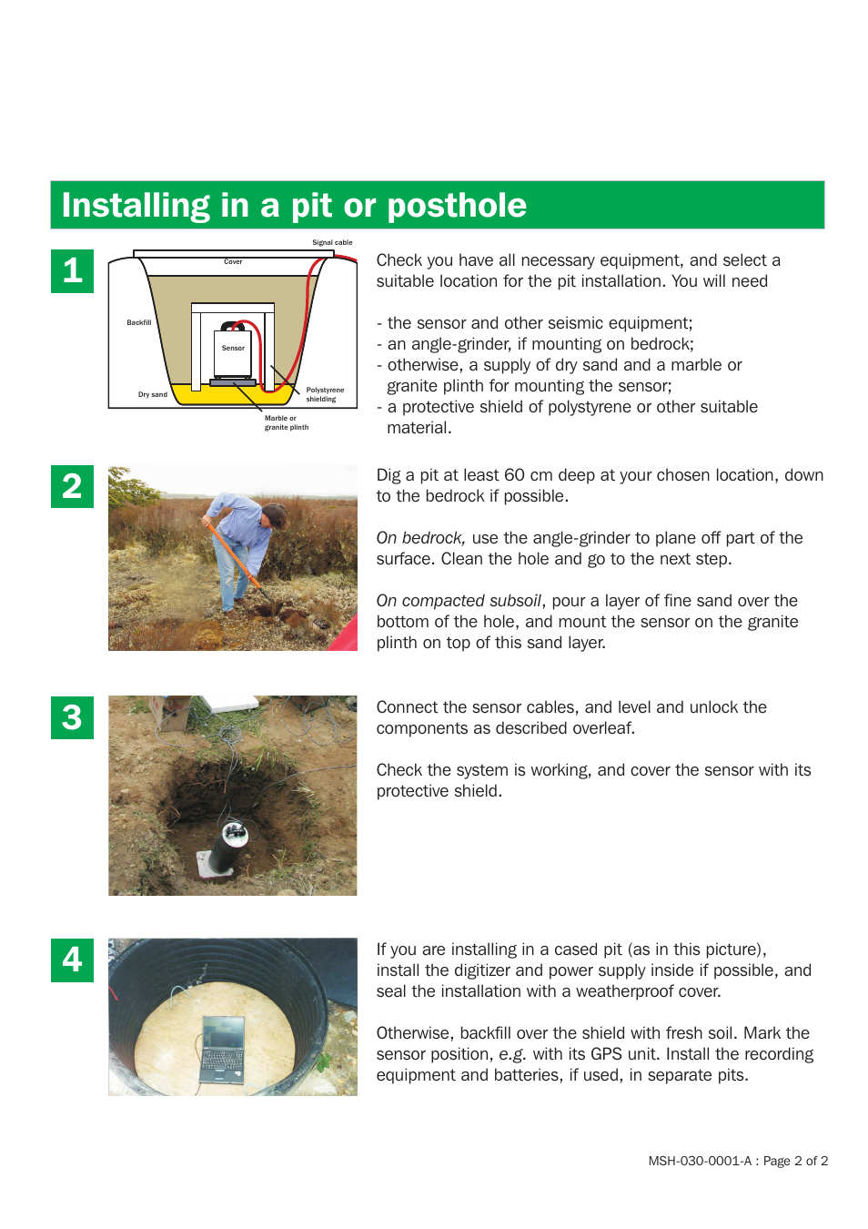 Installing in a pit or posthole 1 2 4 3 | Guralp Systems CMG-3ESP Installation User Manual | Page 2 / 2