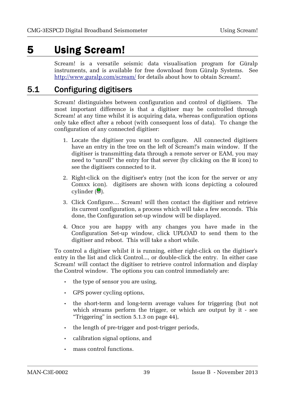 N 5 o, E 39), 5using scream | 1 configuring digitisers | Guralp Systems CMG-3ESPCD User Manual | Page 39 / 98