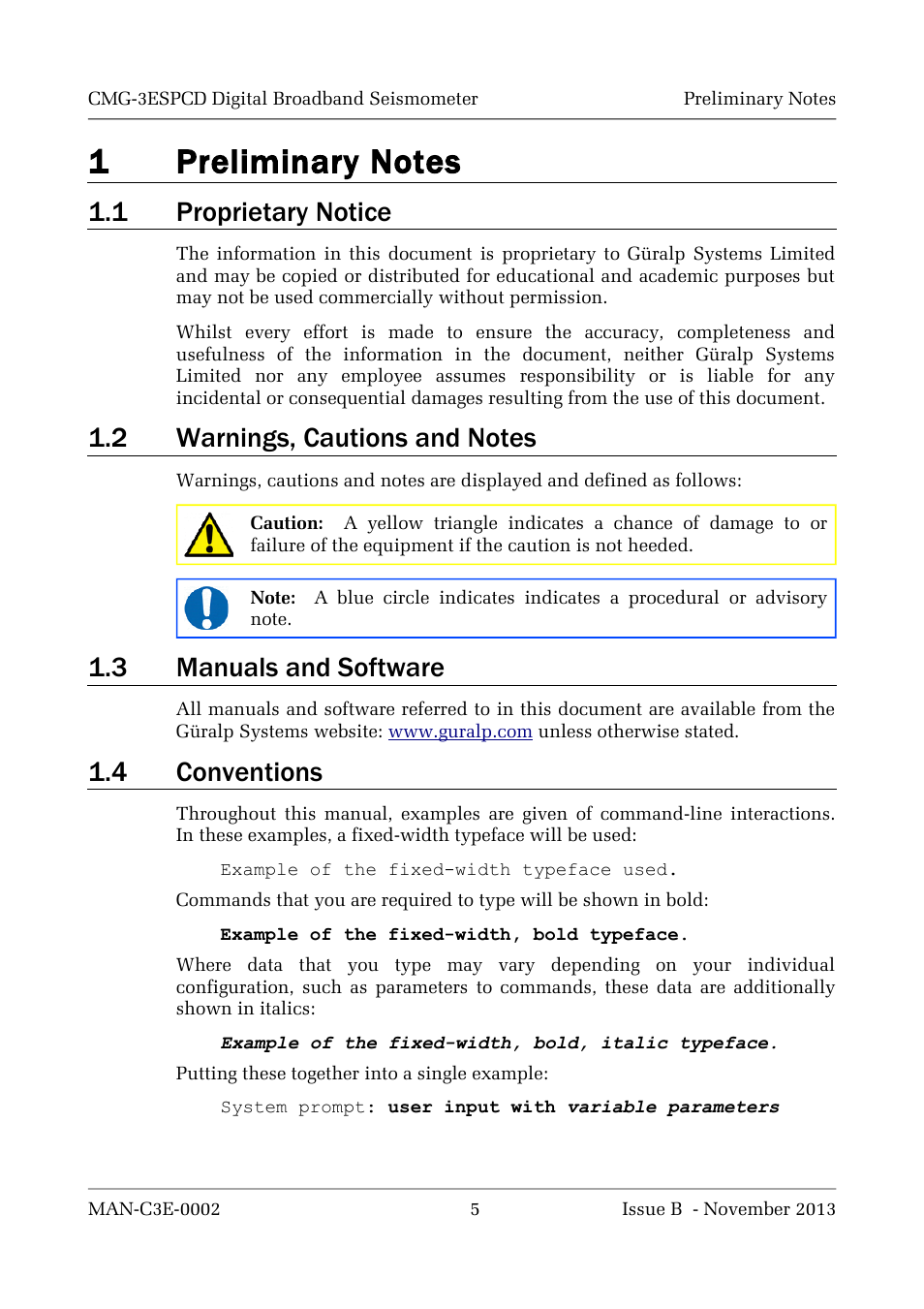 1 proprietary notice, 3 manuals and software, 4 conventions | Guralp Systems CMG-3ESPCD User Manual | Page 5 / 98