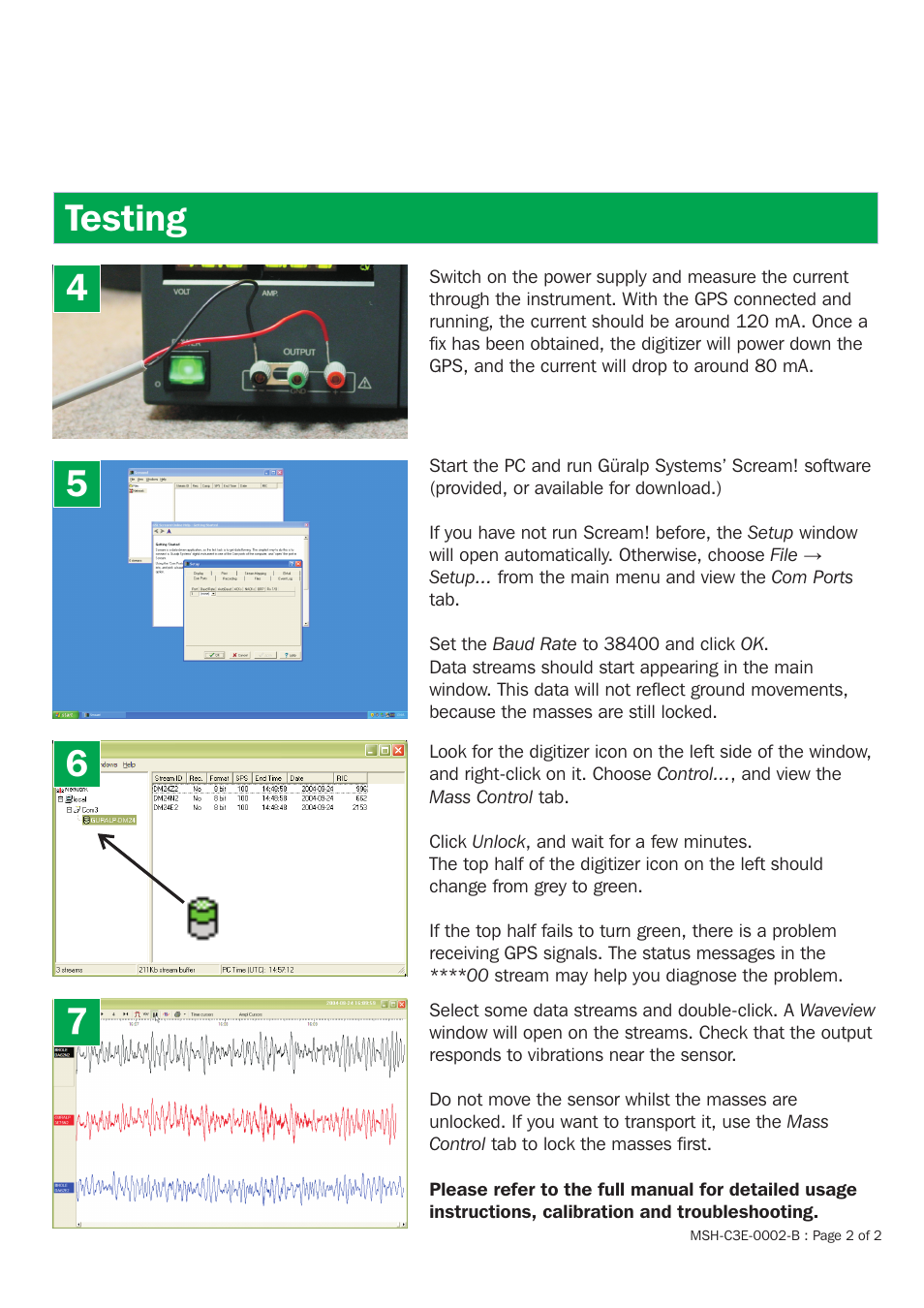 Testing 4 5 7 | Guralp Systems CMG-3ESPCD Installation User Manual | Page 2 / 2