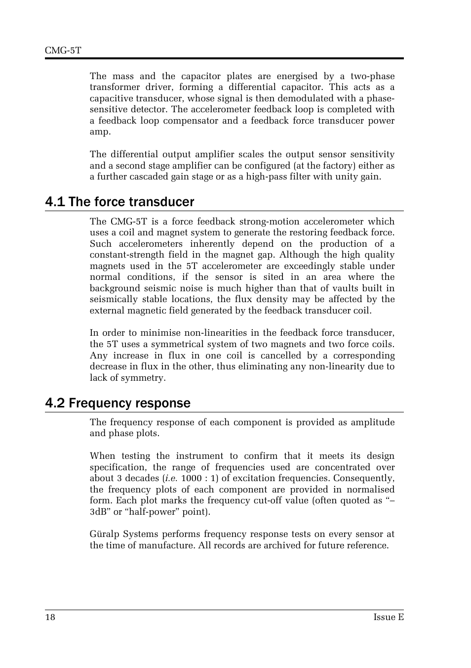 1 the force transducer, 2 frequency response | Guralp Systems CMG-5T User Manual | Page 18 / 25