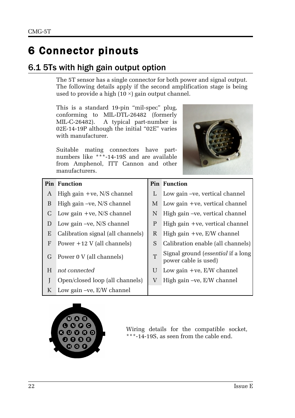 6 connector pinouts, 1 5ts with high gain output option | Guralp Systems CMG-5T User Manual | Page 22 / 25