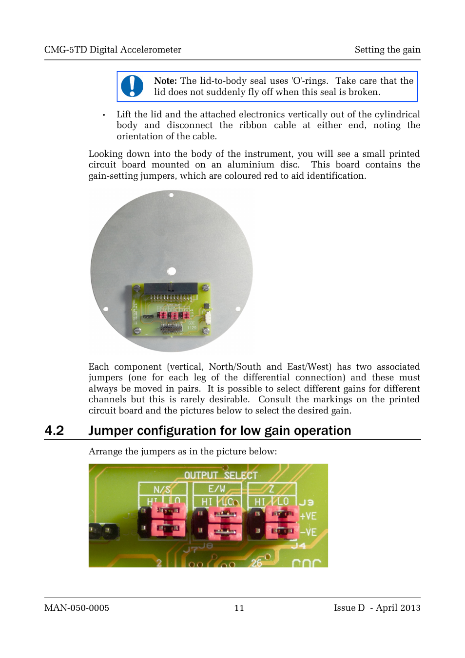 2 jumper configuration for low gain operation | Guralp Systems CMG-5TD User Manual | Page 11 / 41