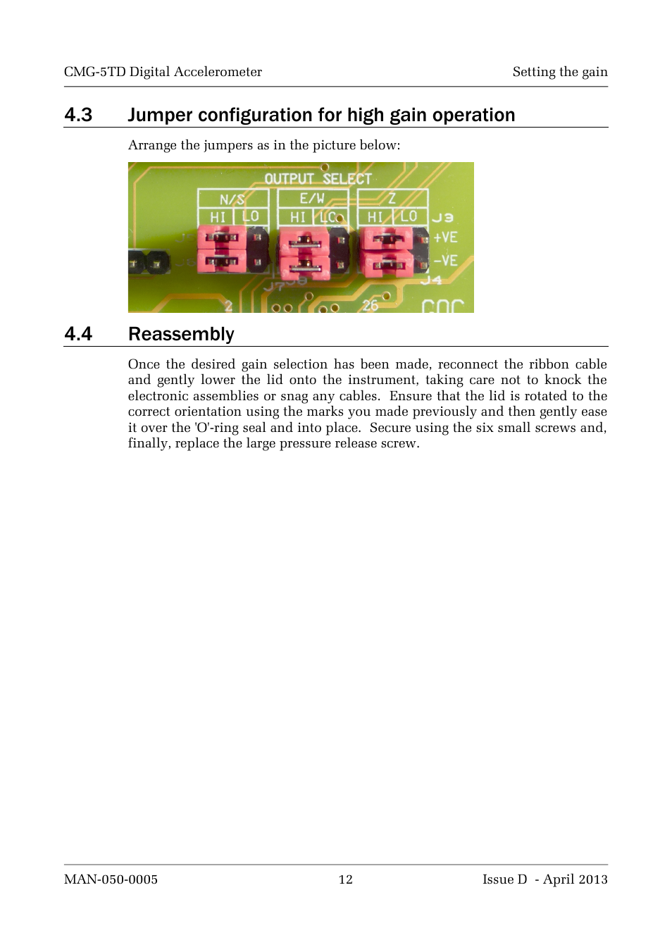 3 jumper configuration for high gain operation, 4 reassembly | Guralp Systems CMG-5TD User Manual | Page 12 / 41