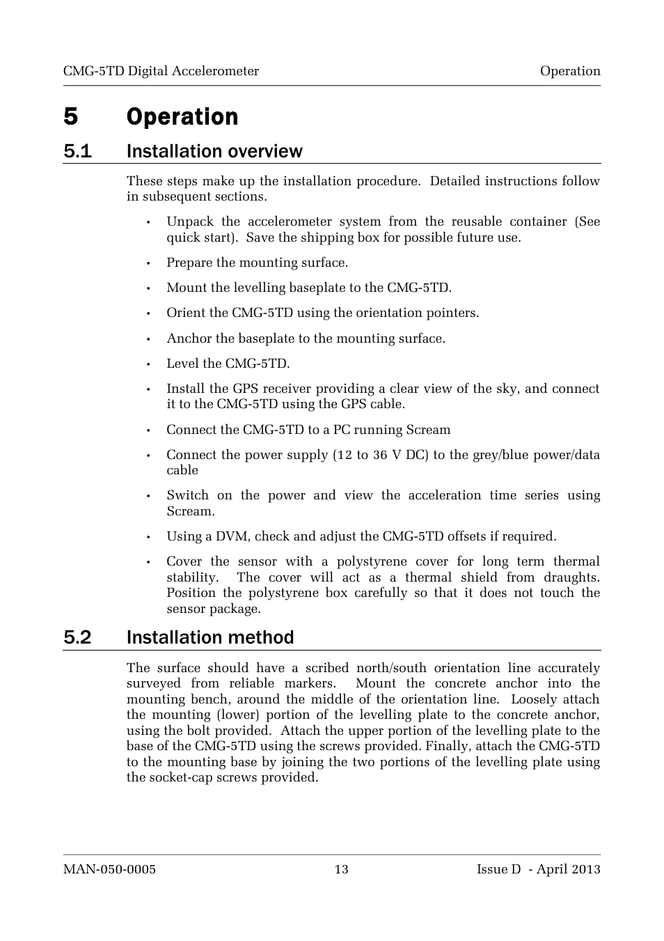 5operation, 1 installation overview, 2 installation method | Guralp Systems CMG-5TD User Manual | Page 13 / 41