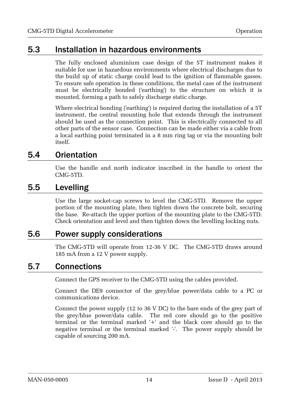 3 installation in hazardous environments, 4 orientation, 5 levelling | 6 power supply considerations, 7 connections | Guralp Systems CMG-5TD User Manual | Page 14 / 41
