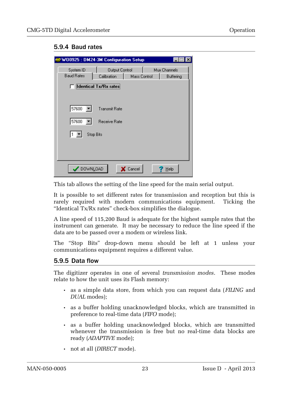 4 baud rates, 5 data flow | Guralp Systems CMG-5TD User Manual | Page 23 / 41