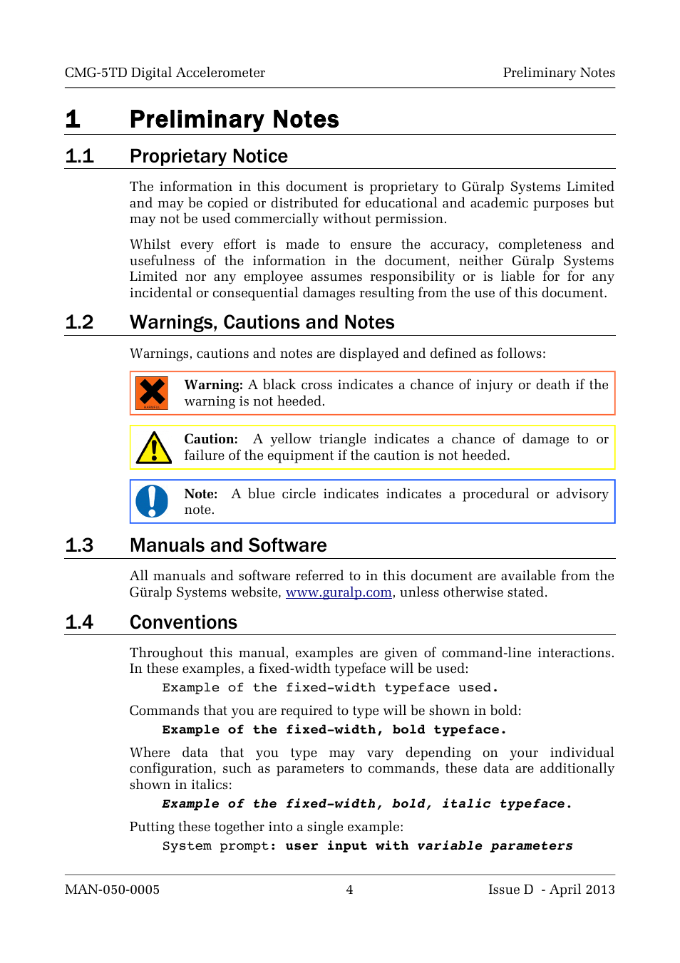 1 proprietary notice, 3 manuals and software, 4 conventions | Guralp Systems CMG-5TD User Manual | Page 4 / 41