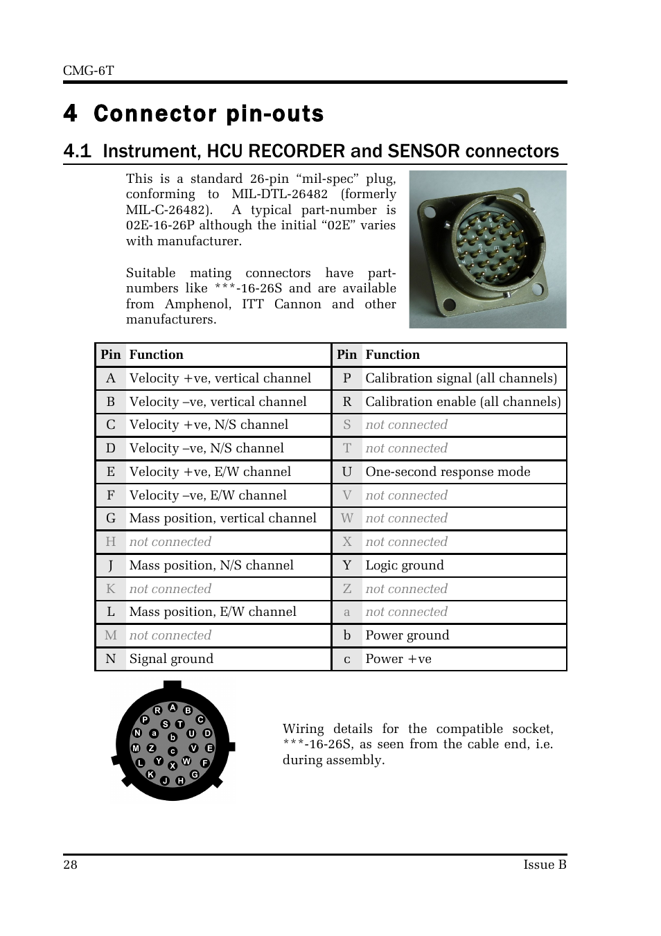 4 connector pin-outs, 1 instrument, hcu recorder and sensor connectors | Guralp Systems CMG-6T User Manual | Page 28 / 31