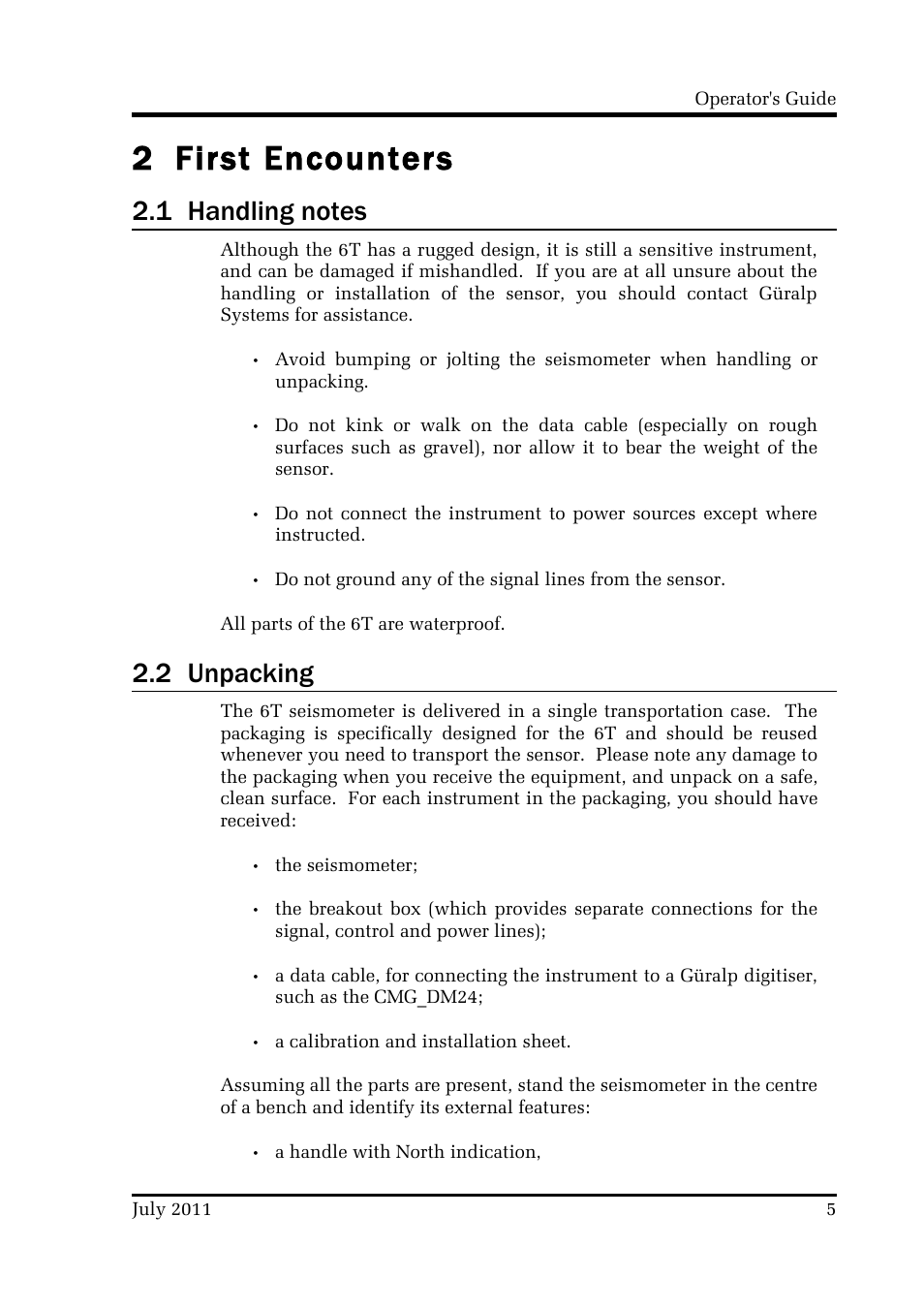 2 first encounters, 2 unpacking | Guralp Systems CMG-6T User Manual | Page 5 / 31