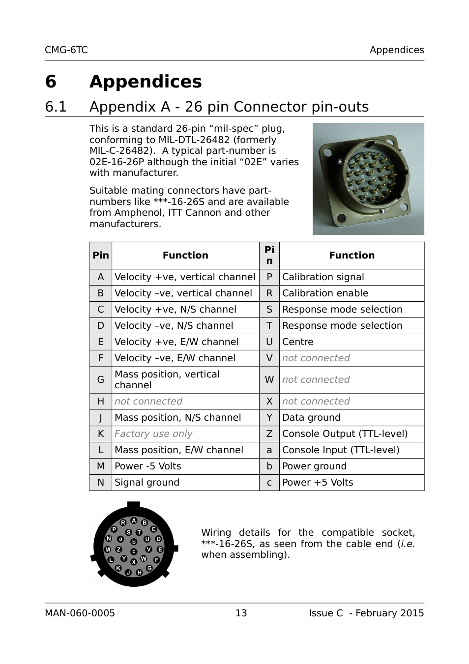 6 appendices, 1 appendix a - 26 pin connector pin-outs, Appendix a o | 6appendices | Guralp Systems CMG-6TC User Manual | Page 15 / 17