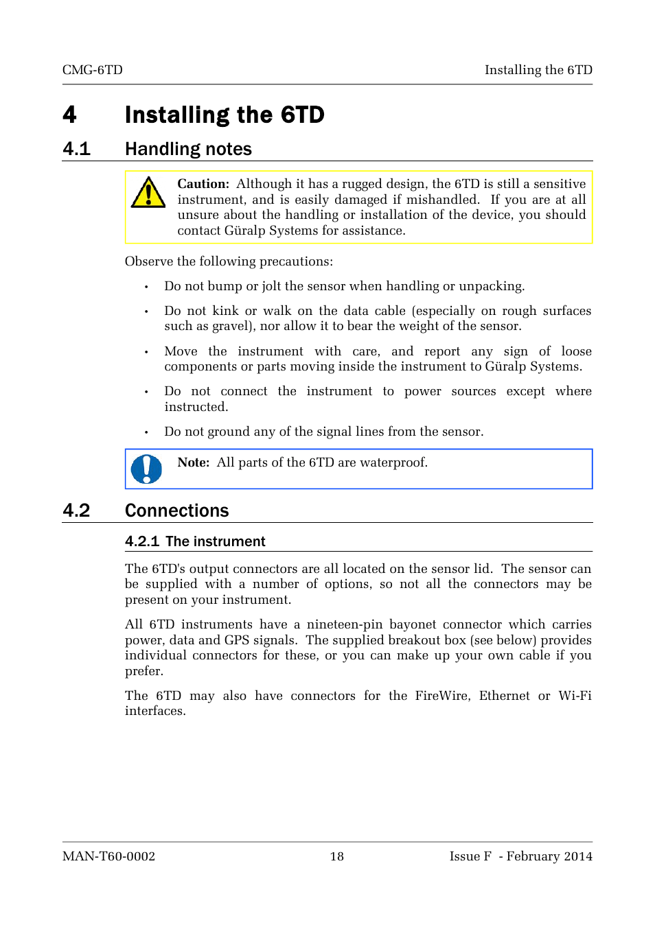 4installing the 6td, 2 connections | Guralp Systems CMG-6TD User Manual | Page 18 / 108
