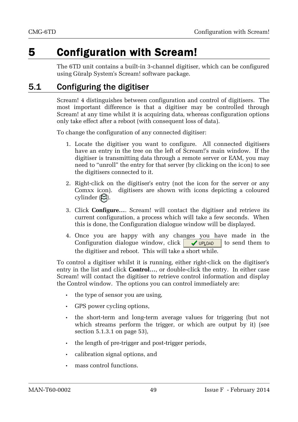5configuration with scream, 1 configuring the digitiser | Guralp Systems CMG-6TD User Manual | Page 49 / 108