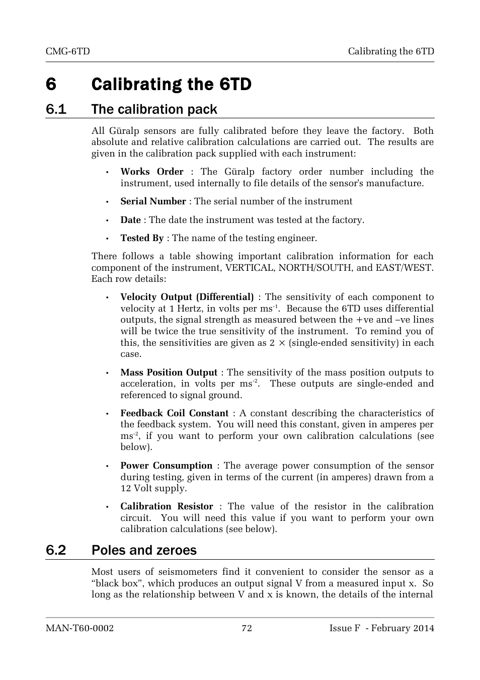 6calibrating the 6td, 1 the calibration pack, 2 poles and zeroes | Guralp Systems CMG-6TD User Manual | Page 72 / 108