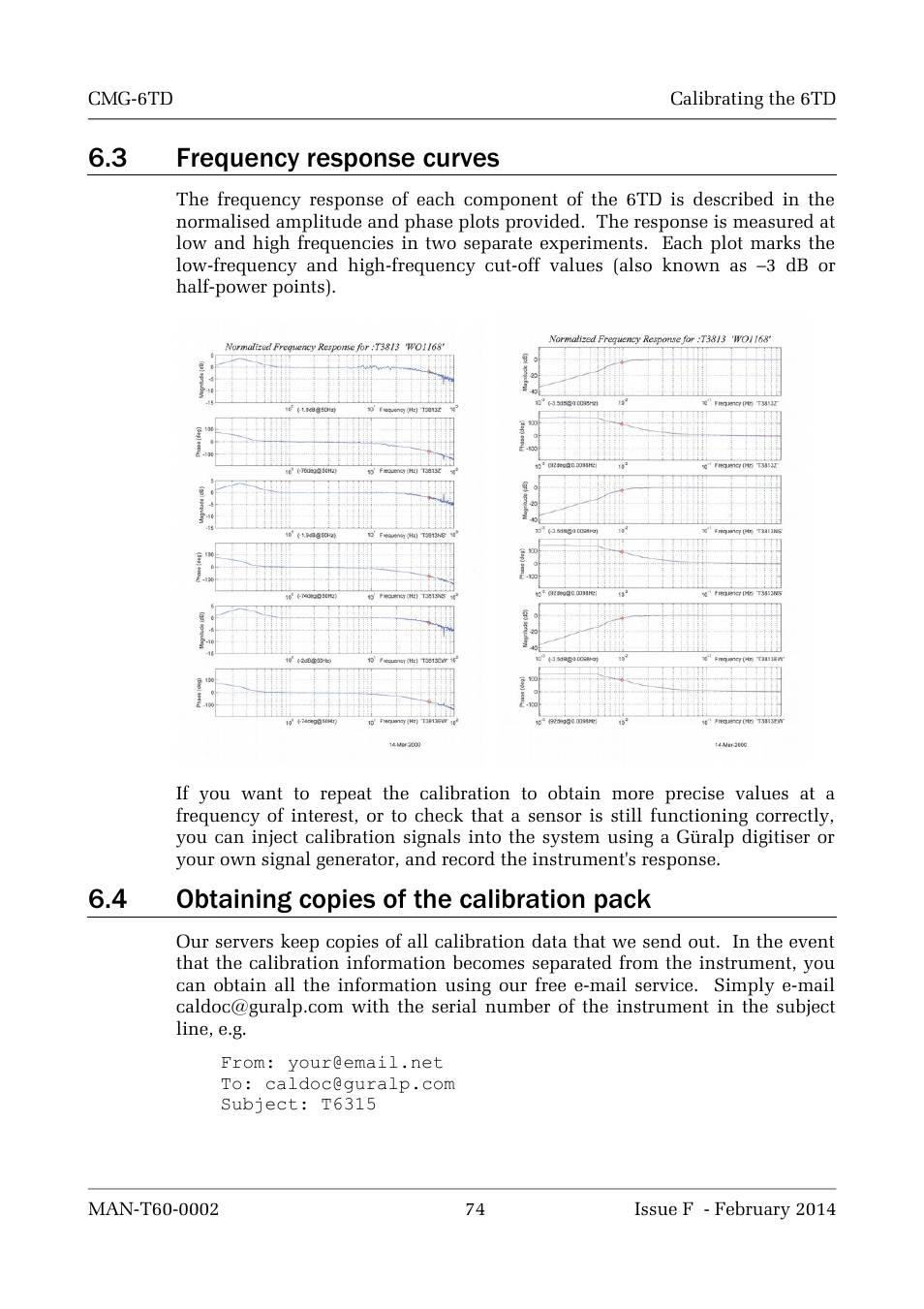 3 frequency response curves, 4 obtaining copies of the calibration pack | Guralp Systems CMG-6TD User Manual | Page 74 / 108