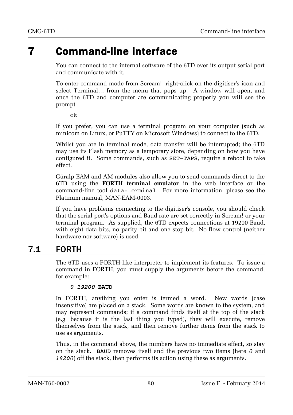 7command-line interface, 1 forth | Guralp Systems CMG-6TD User Manual | Page 80 / 108