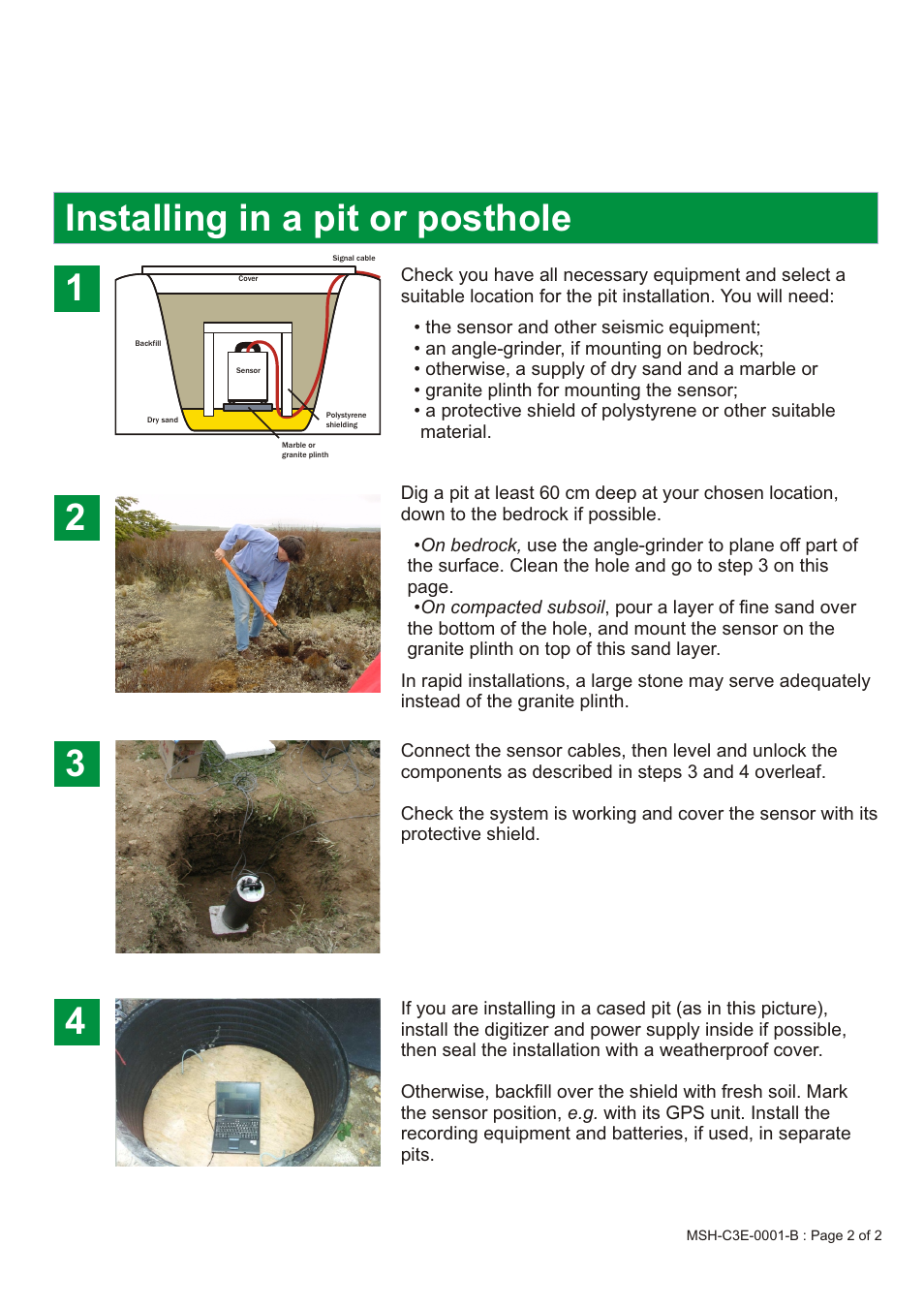 Installing in a pit or posthole 1 2 4 3 | Guralp Systems CMG-3ESPC User Manual | Page 2 / 2