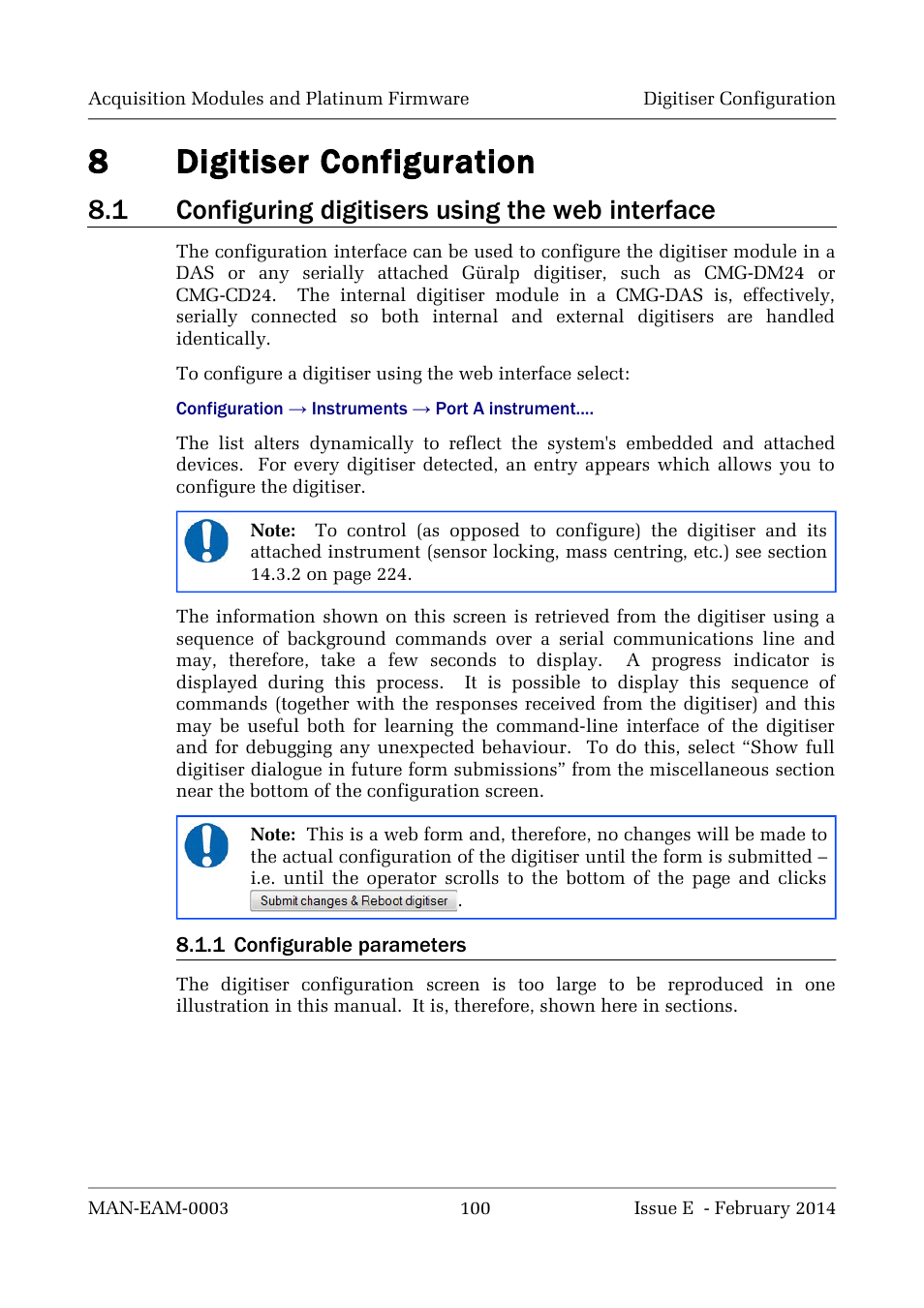 8digitiser configuration, 1 configuring digitisers using the web interface | Guralp Systems CMG-DCM build <10,000 User Manual | Page 100 / 288