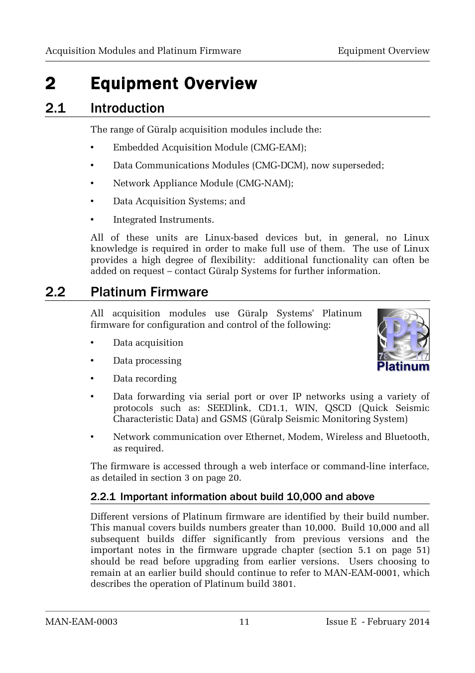 2equipment overview, 1 introduction, 2 platinum firmware | Guralp Systems CMG-DCM build <10,000 User Manual | Page 11 / 288
