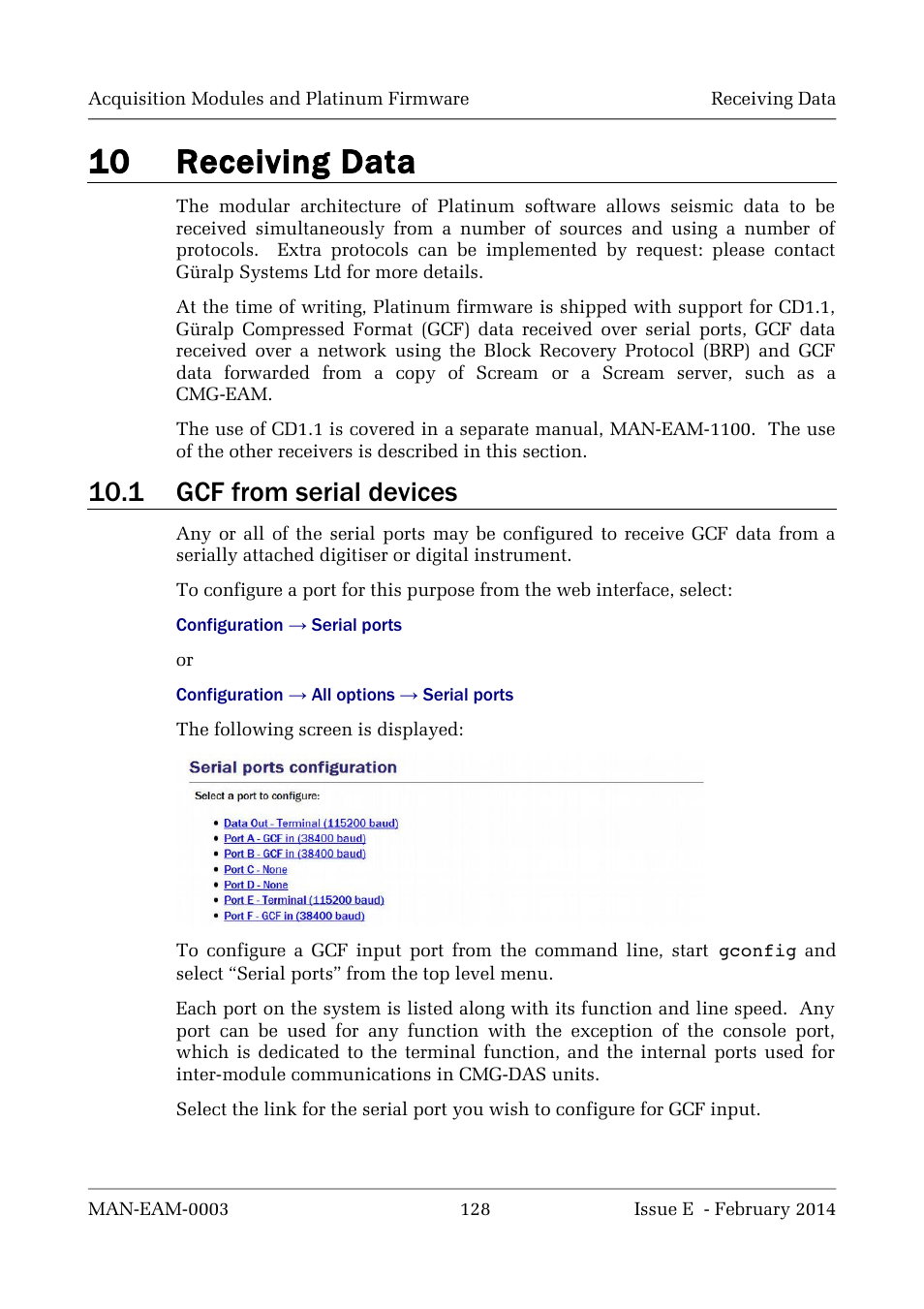 10 receiving data, 1 gcf from serial devices | Guralp Systems CMG-DCM build <10,000 User Manual | Page 128 / 288