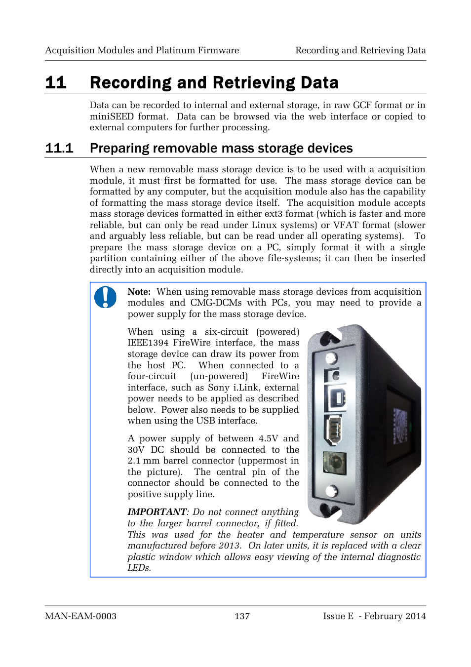 11 recording and retrieving data, 1 preparing removable mass storage devices | Guralp Systems CMG-DCM build <10,000 User Manual | Page 137 / 288