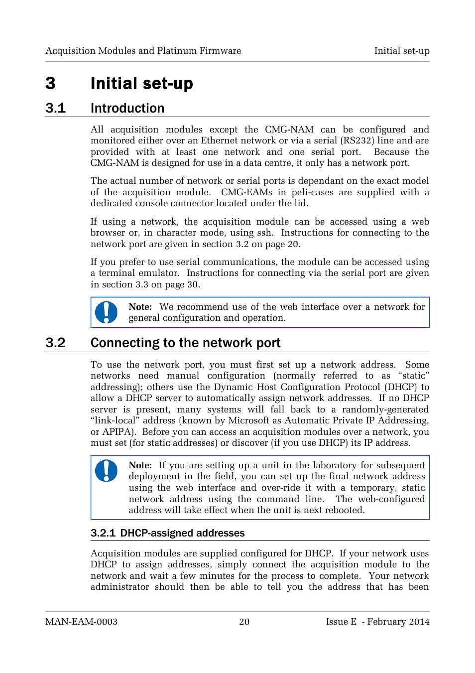 3initial set-up, 1 introduction, 2 connecting to the network port | Guralp Systems CMG-DCM build <10,000 User Manual | Page 20 / 288