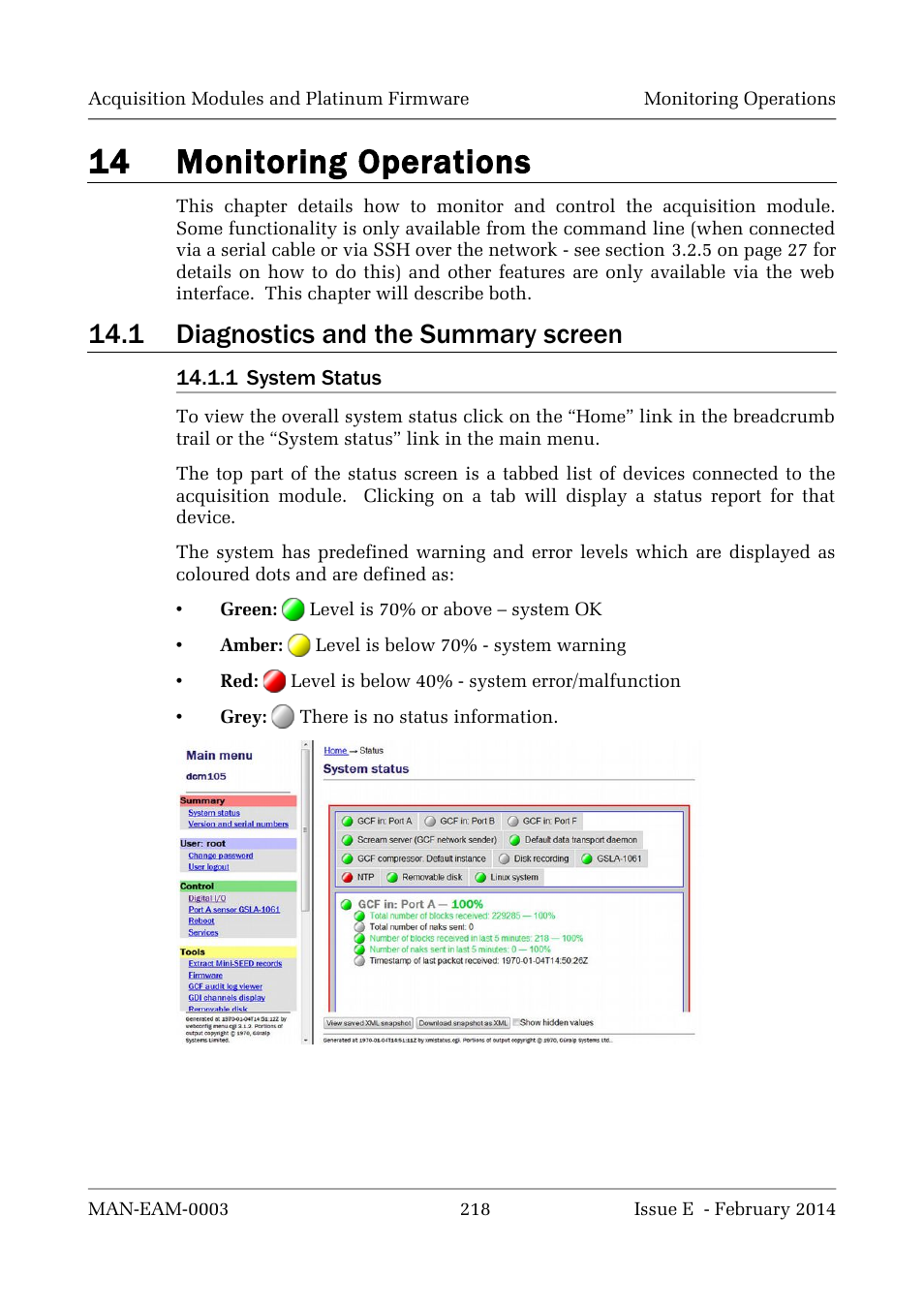 14 monitoring operations, 1 diagnostics and the summary screen | Guralp Systems CMG-DCM build <10,000 User Manual | Page 218 / 288