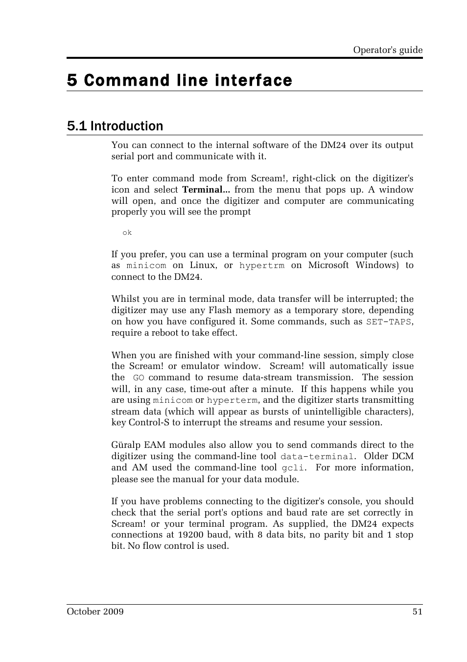 5 command line interface, 1 introduction | Guralp Systems CMG-DM24 User Manual | Page 51 / 122