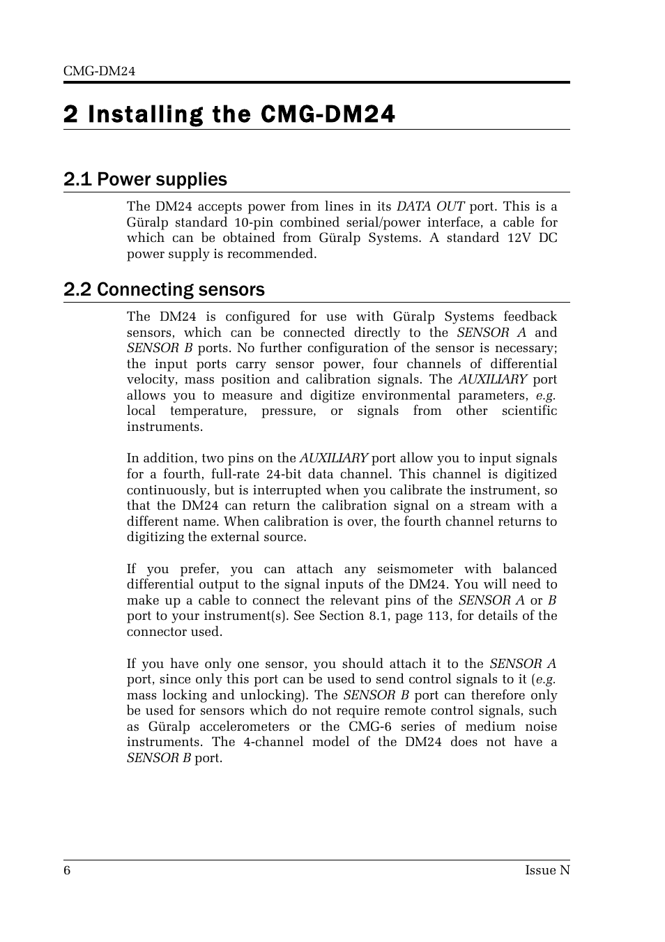 2 installing the cmg-dm24, 1 power supplies, 2 connecting sensors | Guralp Systems CMG-DM24 User Manual | Page 6 / 122