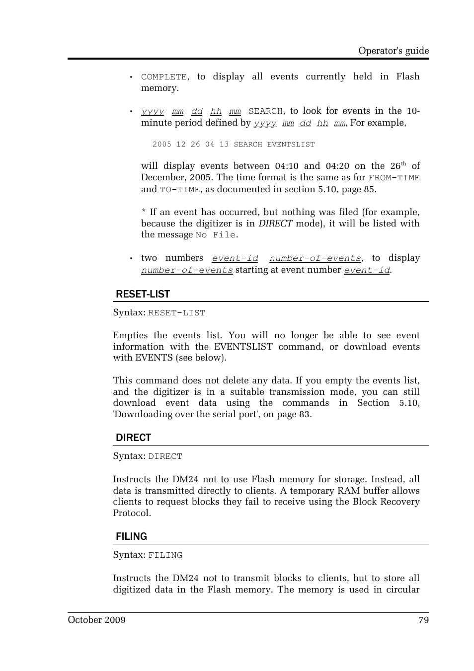 Reset-list, Direct, Filing | Guralp Systems CMG-DM24 User Manual | Page 79 / 122