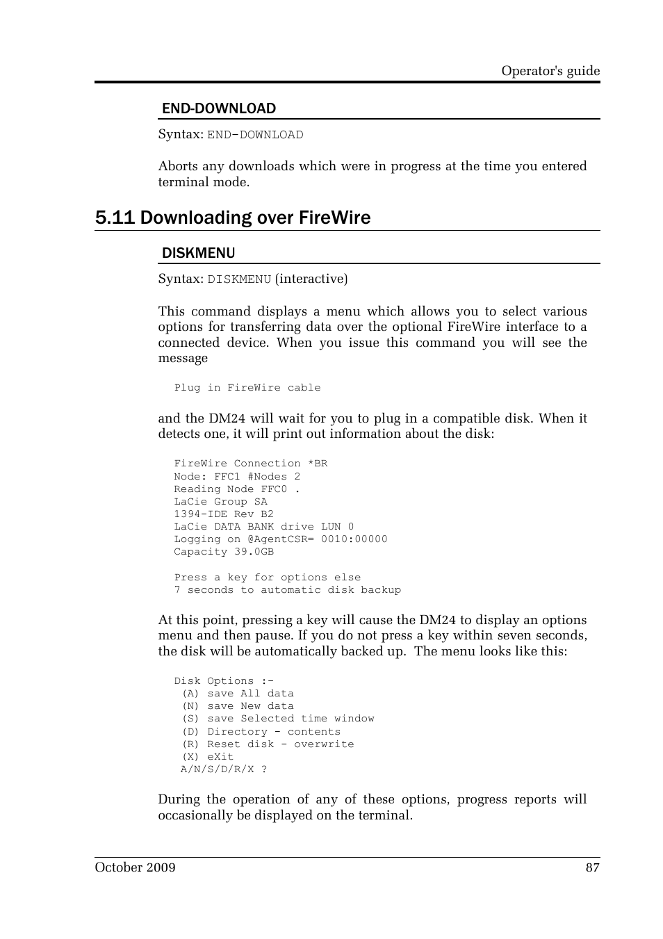 11 downloading over firewire, End-download, Diskmenu | Guralp Systems CMG-DM24 User Manual | Page 87 / 122