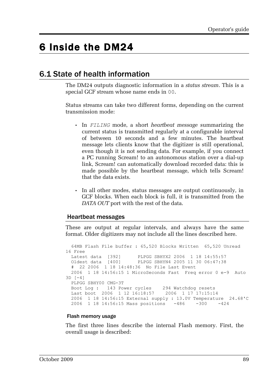 6 inside the dm24, 1 state of health information, Heartbeat messages | Guralp Systems CMG-DM24 User Manual | Page 89 / 122