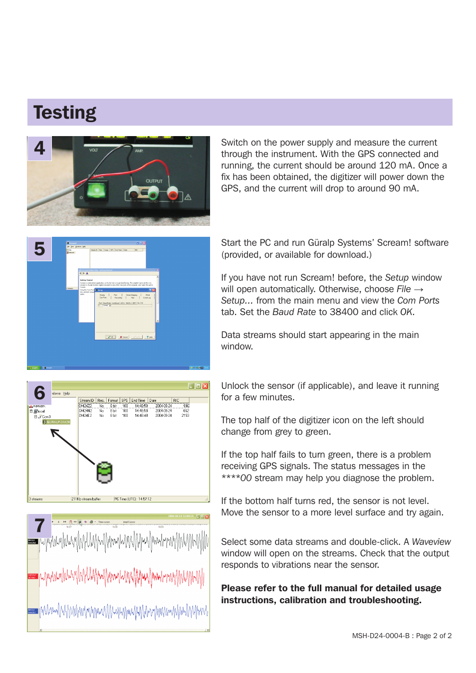 Testing 4 5 7 | Guralp Systems CMG-DM24 Installation User Manual | Page 2 / 2