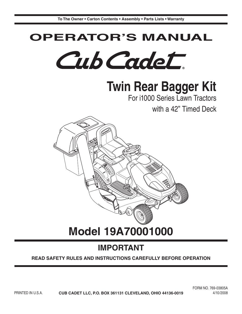 Cub Cadet 19A70001000 User Manual | 12 pages